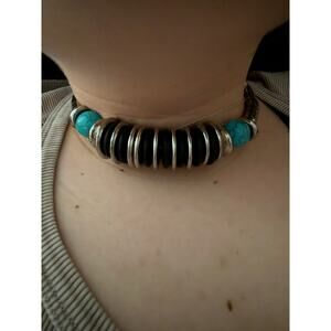 Statement choker necklace with large turquoise beads and silver-toned beads